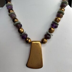 Amethyst and green jade disc pendant necklace